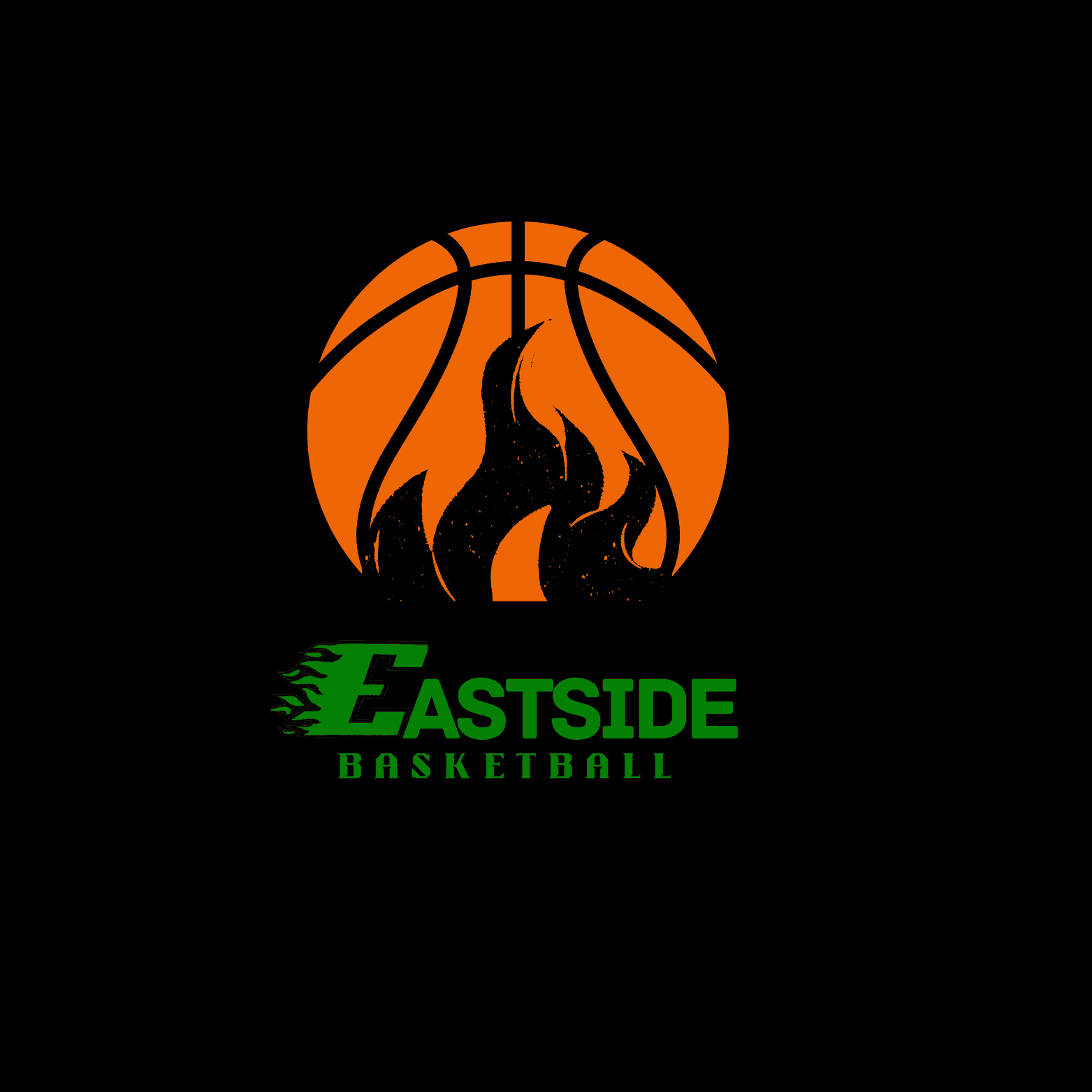 Logo of a basketball with black flames above the words 'Eastside Basketball' in green text.